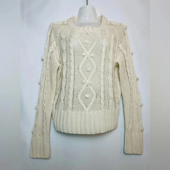 eesome Sweaters - Eesome Cream Ivory Pompom Cable Knit Crop Sweater Women Size M Stretch